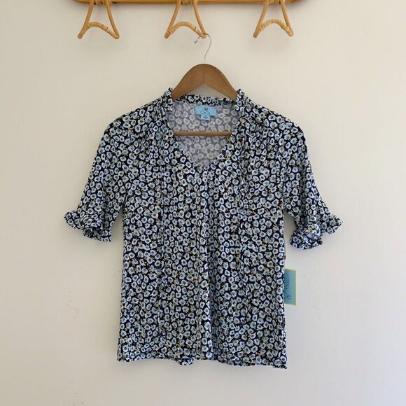CeCe Floral Frill Puff Sleeve Blouse XS NEW NWT Blue - Picture 9 of 9